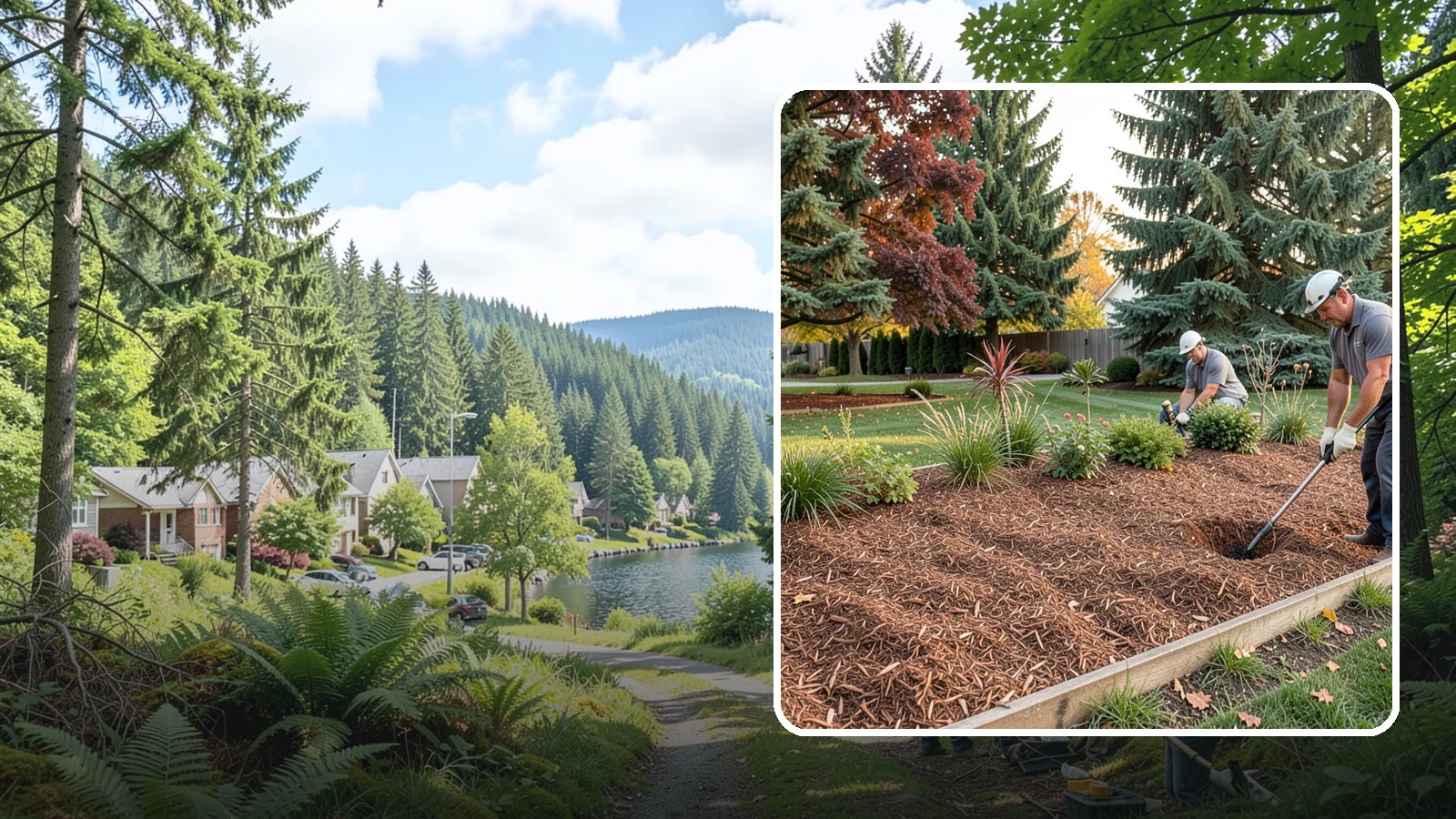 Fir Bark Installation in Lake Forest Park, King County, WA - We install chunky Douglas fir bark that drains beautifully and gives large beds a rugged, natural texture.