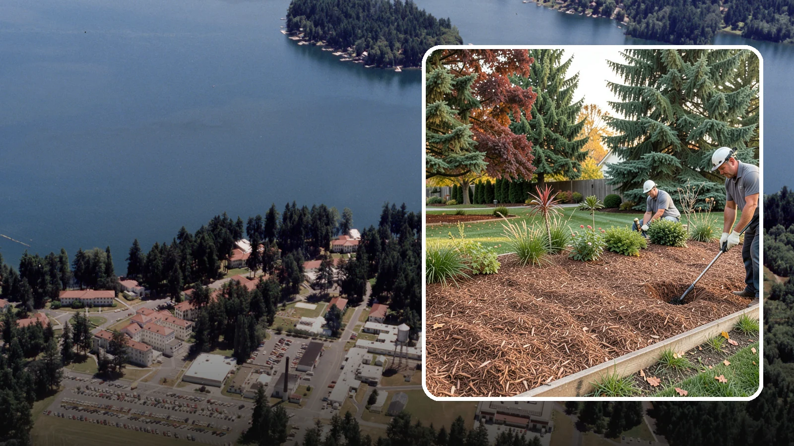 Fir Bark Installation in Lakewood, Pierce County, WA - We install chunky Douglas fir bark that drains beautifully and gives large beds a rugged, natural texture.