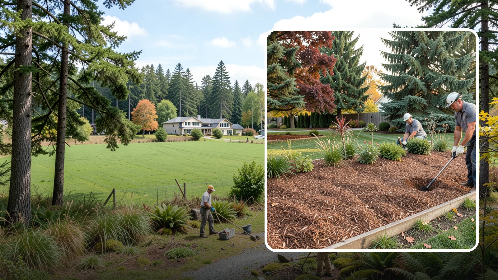 Fir Bark Installation in Lyman, Skagit County, WA - We install chunky Douglas fir bark that drains beautifully and gives large beds a rugged, natural texture.