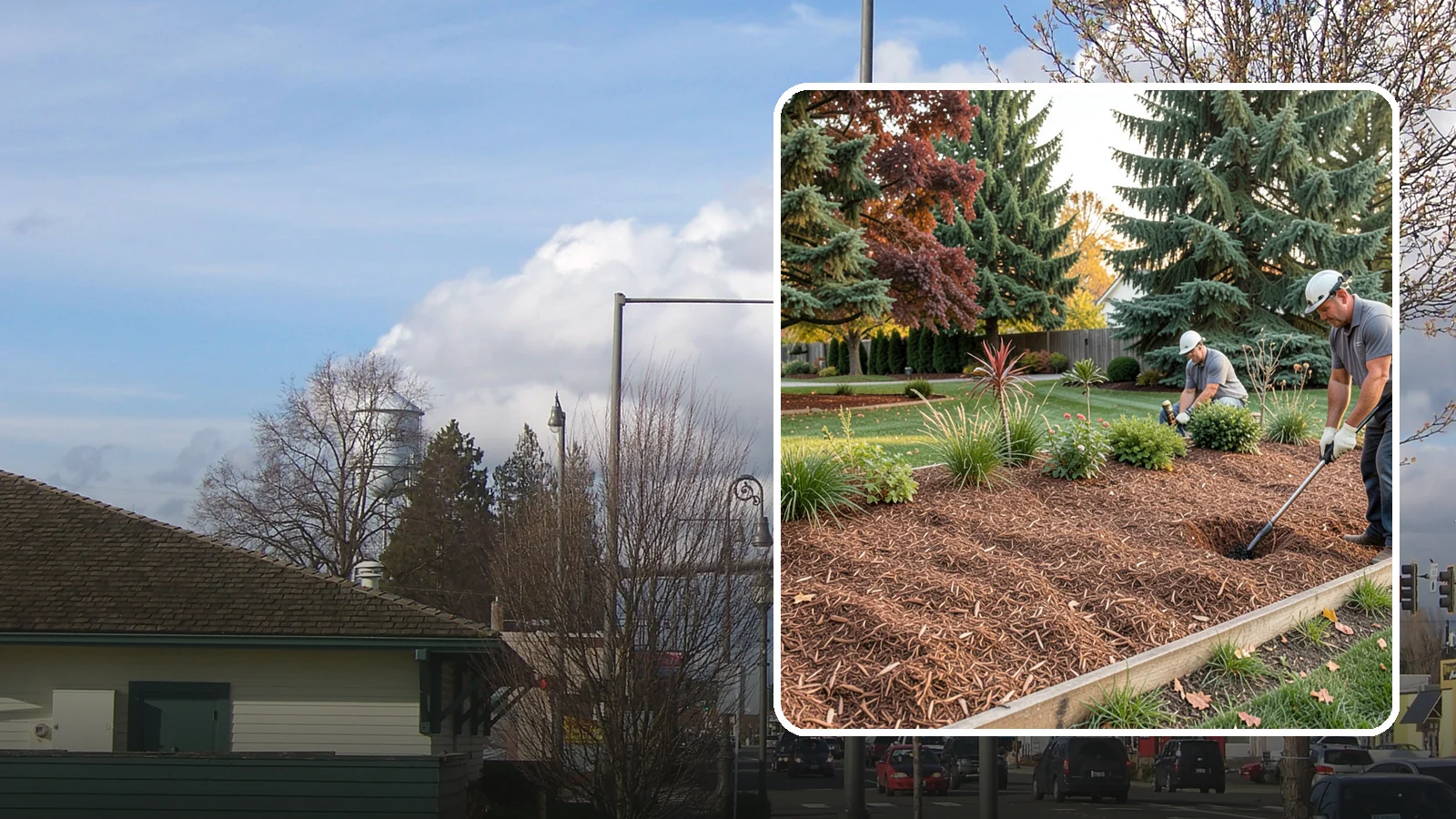 Fir Bark Installation in Marysville, Snohomish County, WA - We install chunky Douglas fir bark that drains beautifully and gives large beds a rugged, natural texture.