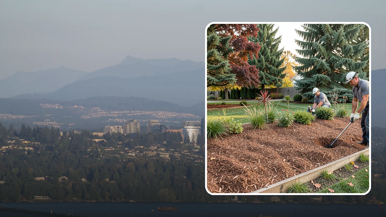 Fir Bark Installation in Medina, King County, WA - We install chunky Douglas fir bark that drains beautifully and gives large beds a rugged, natural texture.