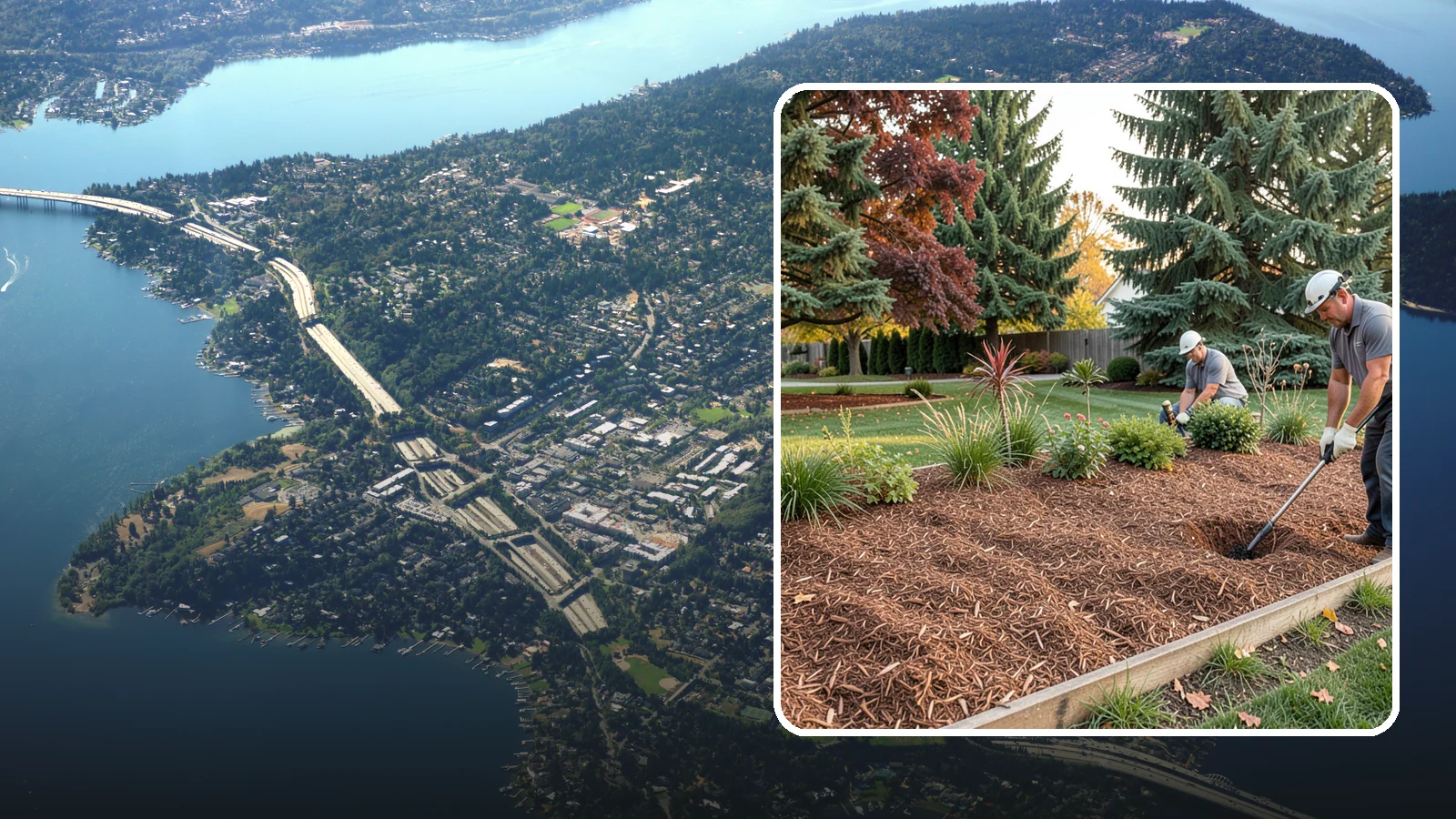 Fir Bark Installation in Mercer Island, King County, WA - We install chunky Douglas fir bark that drains beautifully and gives large beds a rugged, natural texture.