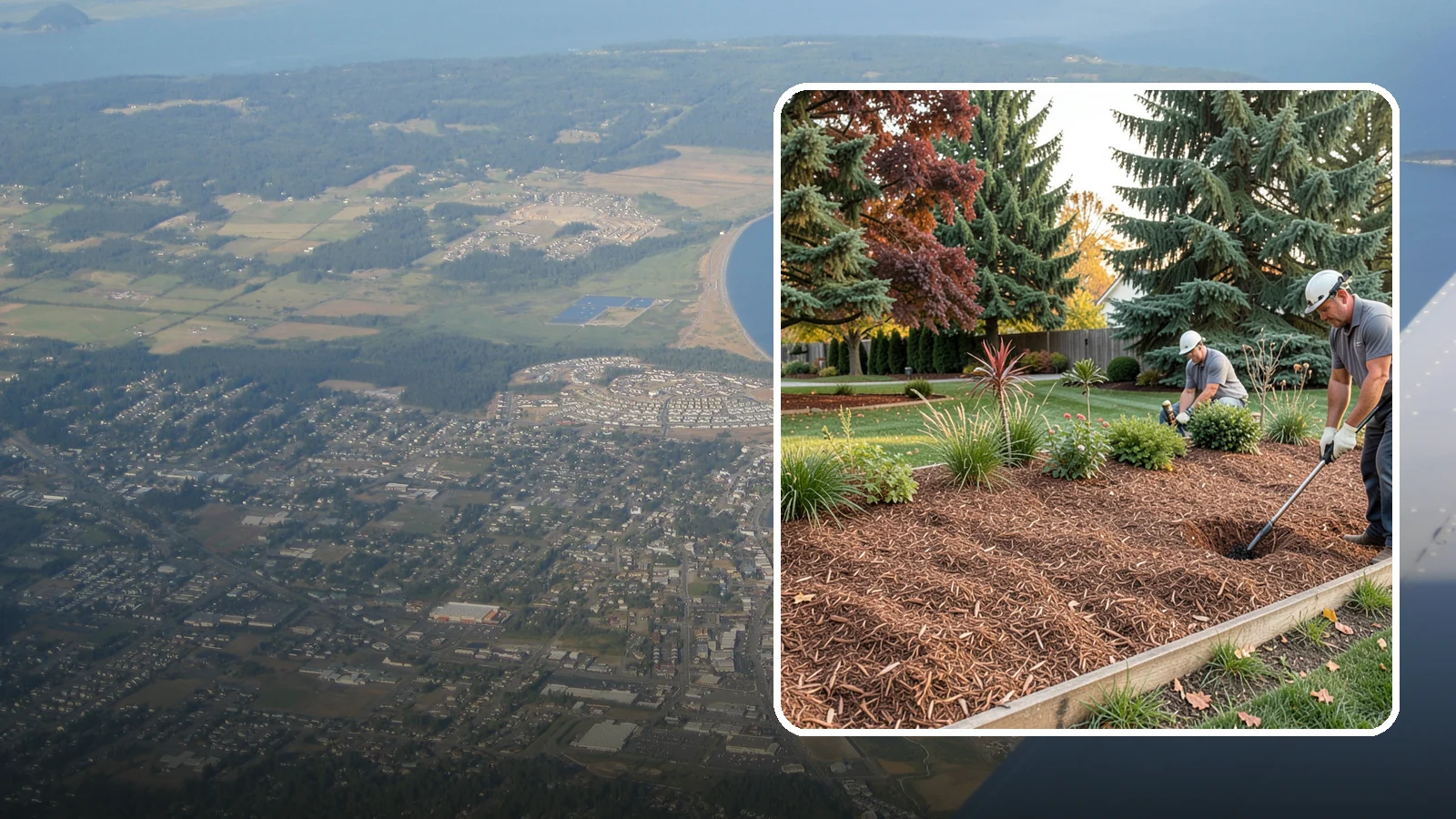 Fir Bark Installation in Oak Harbor, Island County, WA - We install chunky Douglas fir bark that drains beautifully and gives large beds a rugged, natural texture.