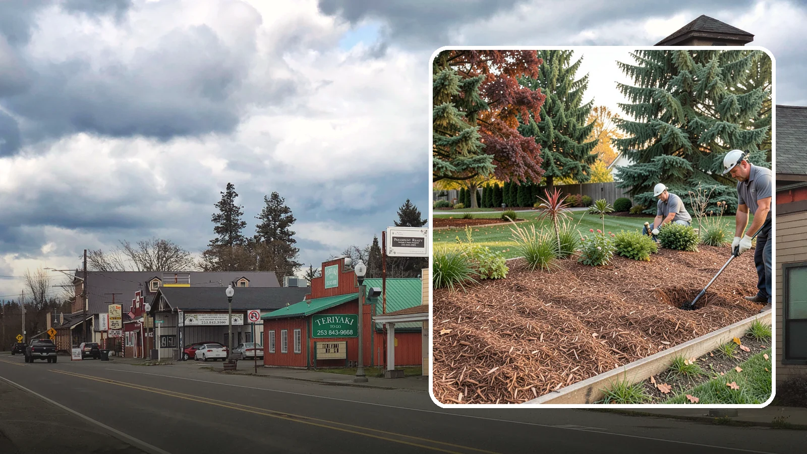 Fir Bark Installation in Roy, Pierce County, WA - We install chunky Douglas fir bark that drains beautifully and gives large beds a rugged, natural texture.