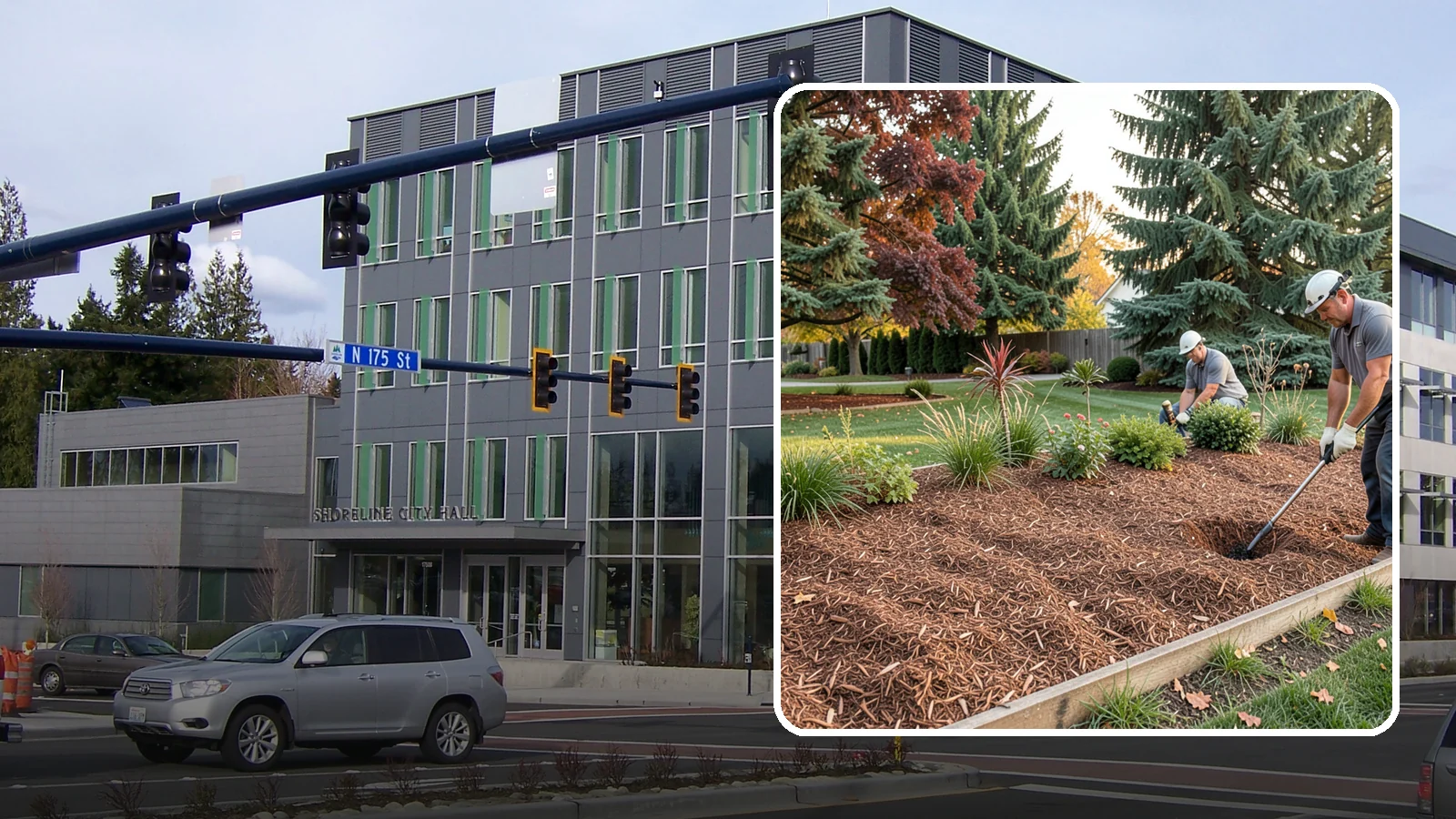 Fir Bark Installation in Shoreline, King County, WA - We install chunky Douglas fir bark that drains beautifully and gives large beds a rugged, natural texture.