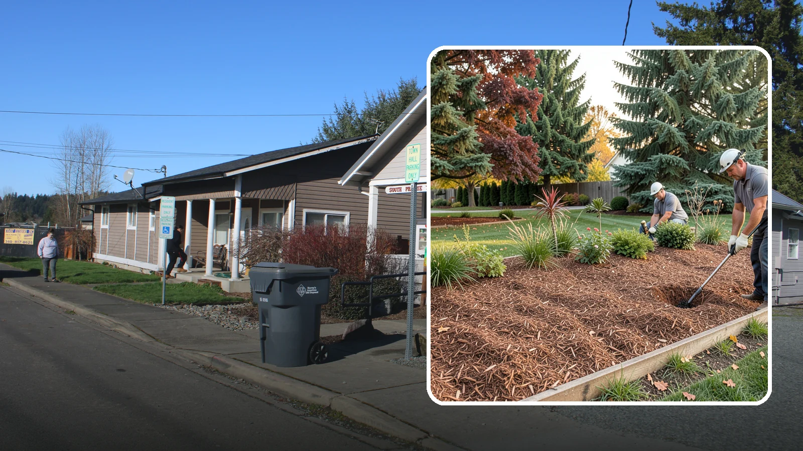 Fir Bark Installation in South Prairie, Pierce County, WA - We install chunky Douglas fir bark that drains beautifully and gives large beds a rugged, natural texture.