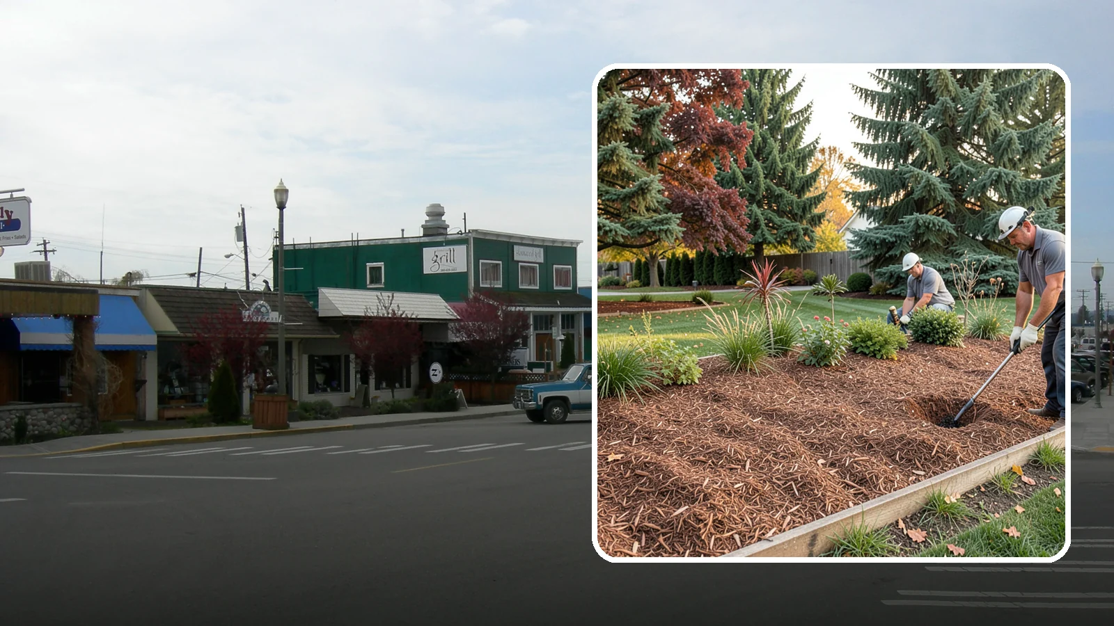 Fir Bark Installation in Stanwood, Snohomish County, WA - We install chunky Douglas fir bark that drains beautifully and gives large beds a rugged, natural texture.