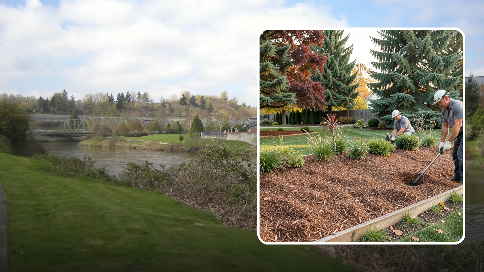 Fir Bark Installation in Tukwila, King County, WA - We install chunky Douglas fir bark that drains beautifully and gives large beds a rugged, natural texture.