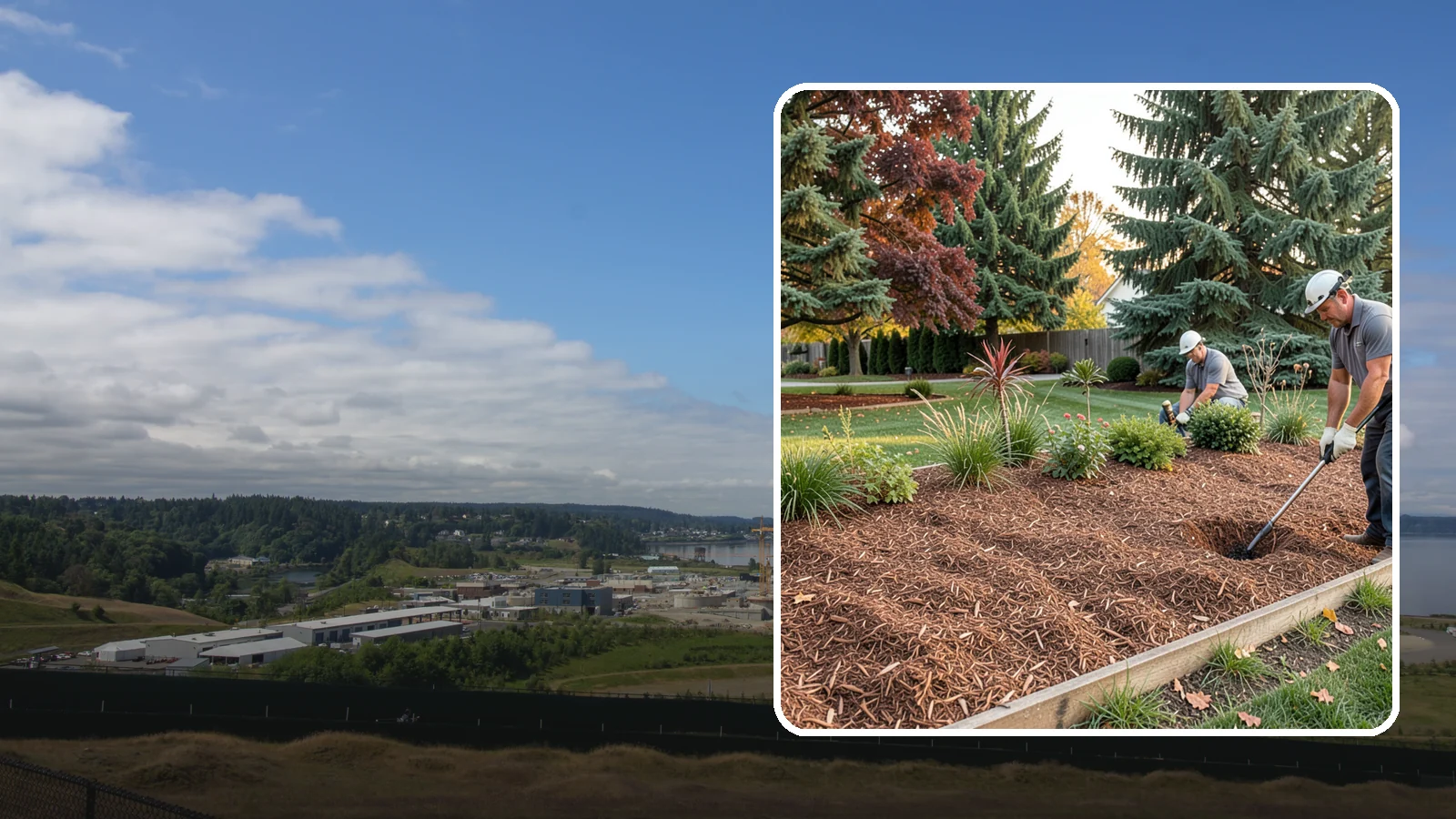 Fir Bark Installation in University Place, Pierce County, WA - We install chunky Douglas fir bark that drains beautifully and gives large beds a rugged, natural texture.