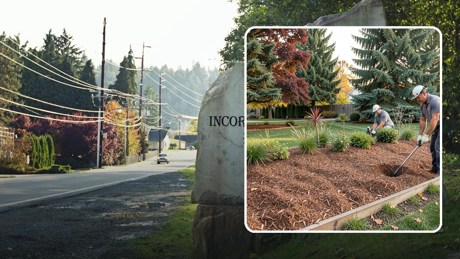 Fir Bark Installation in Wilkeson, Pierce County, WA - We install chunky Douglas fir bark that drains beautifully and gives large beds a rugged, natural texture.