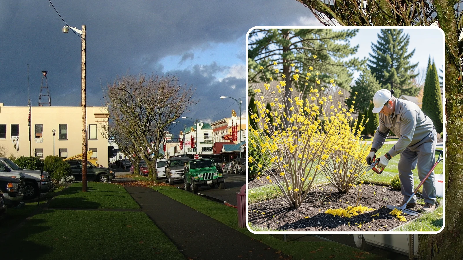 Forsythia Pruning in Arlington, Snohomish County, WA - Post-bloom renewal pruning of forsythia to remove old canes, control size, and protect next spring's golden flowers.