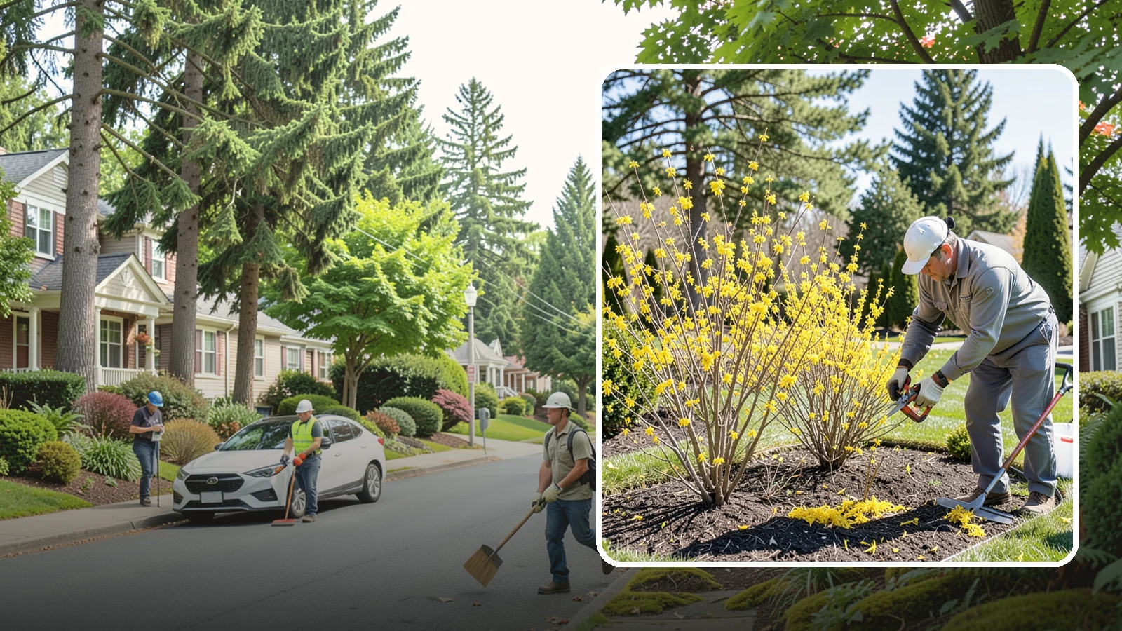 Forsythia Pruning in Beaux Arts Village, King County, WA - Post-bloom renewal pruning of forsythia to remove old canes, control size, and protect next spring's golden flowers.