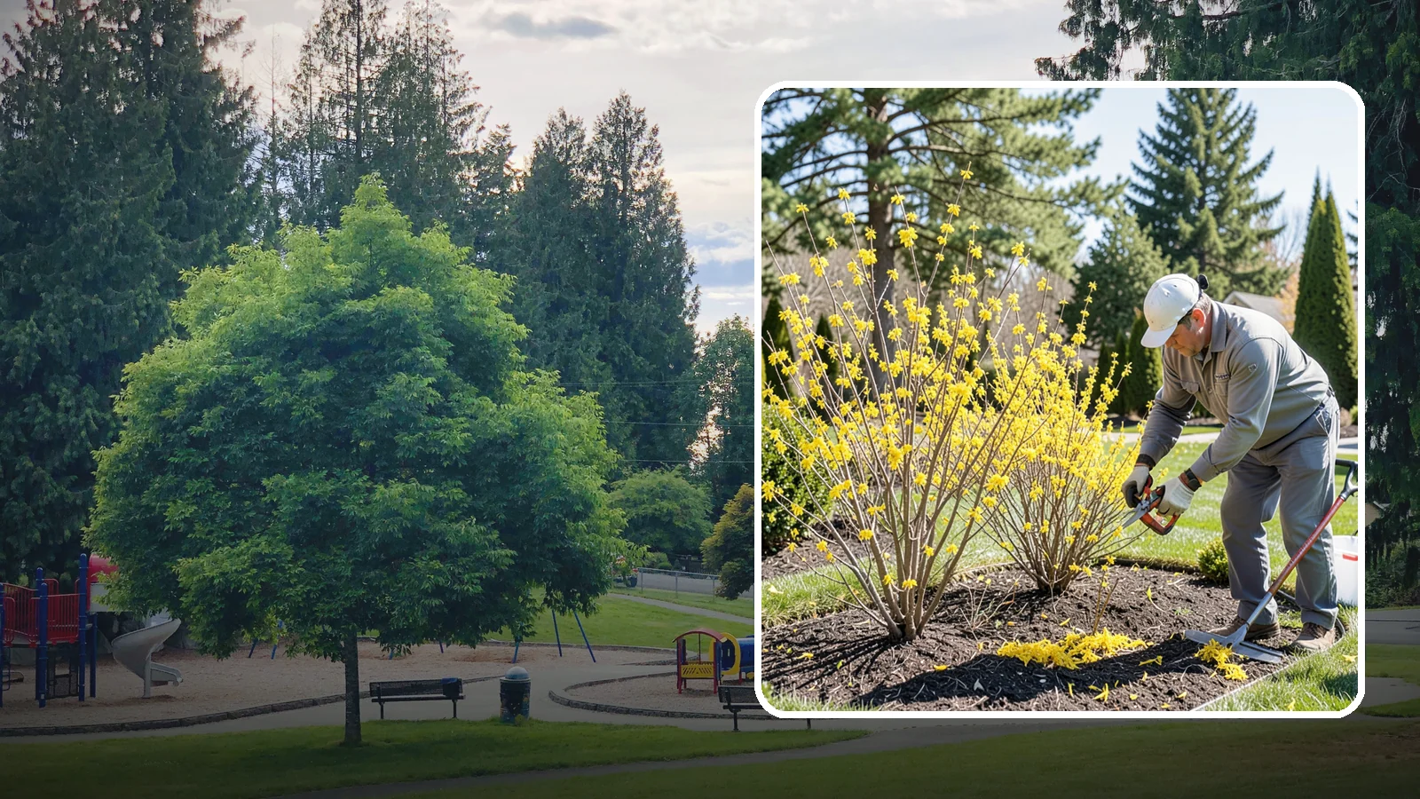 Forsythia Pruning in Bonney Lake, Pierce County, WA - Post-bloom renewal pruning of forsythia to remove old canes, control size, and protect next spring's golden flowers.