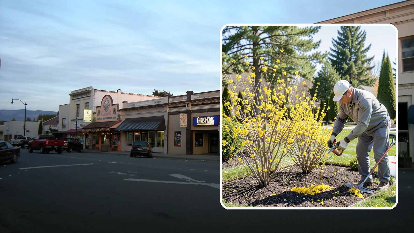 Forsythia Pruning in Burlington, Skagit County, WA - Post-bloom renewal pruning of forsythia to remove old canes, control size, and protect next spring's golden flowers.