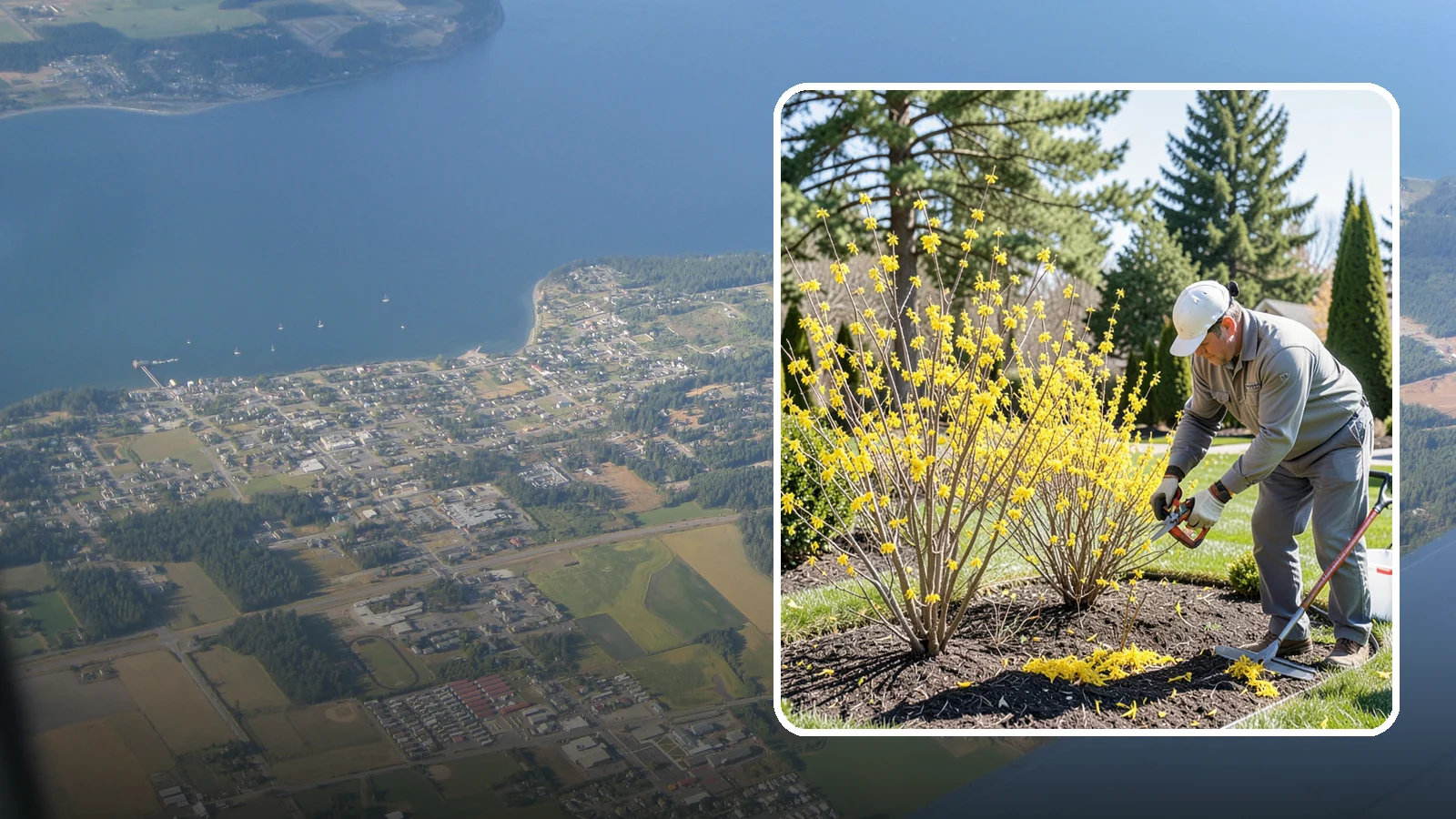 Forsythia Pruning in Coupeville, Island County, WA - Post-bloom renewal pruning of forsythia to remove old canes, control size, and protect next spring's golden flowers.