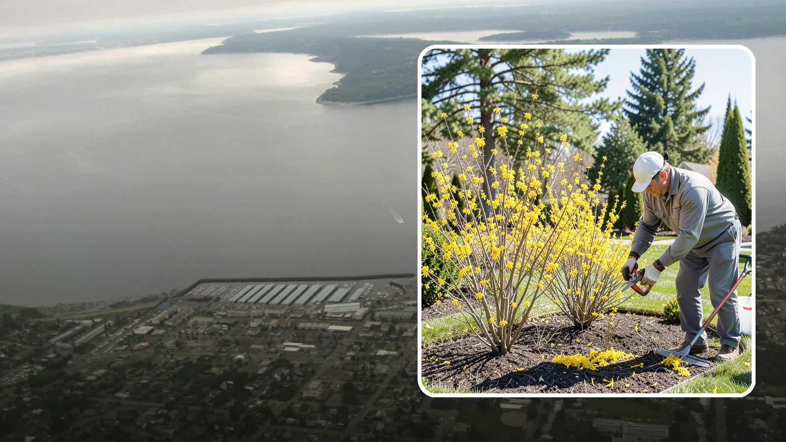 Forsythia Pruning in Des Moines, King County, WA - Post-bloom renewal pruning of forsythia to remove old canes, control size, and protect next spring's golden flowers.