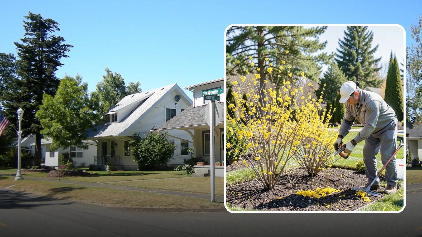 Forsythia Pruning in DuPont, Pierce County, WA - Post-bloom renewal pruning of forsythia to remove old canes, control size, and protect next spring's golden flowers.
