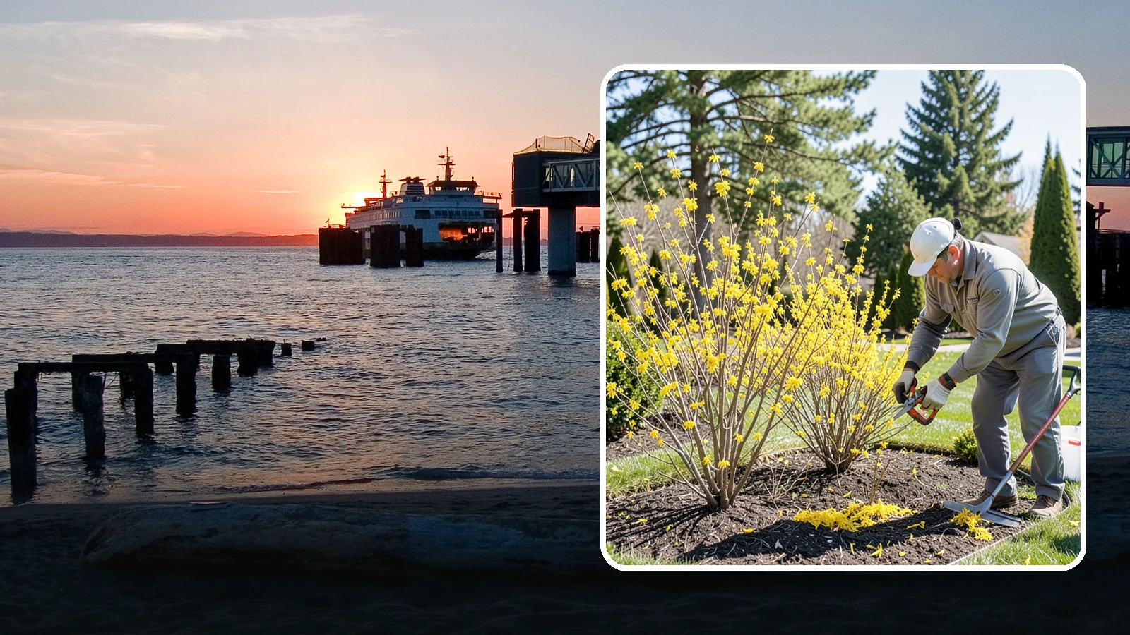 Forsythia Pruning in Edmonds, Snohomish County, WA - Post-bloom renewal pruning of forsythia to remove old canes, control size, and protect next spring's golden flowers.