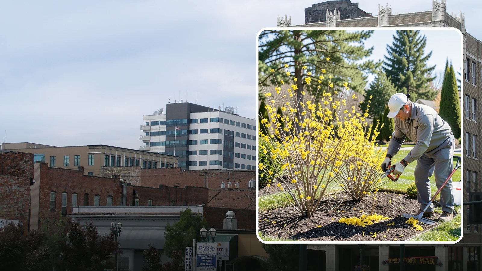 Forsythia Pruning in Everett, Snohomish County, WA - Post-bloom renewal pruning of forsythia to remove old canes, control size, and protect next spring's golden flowers.