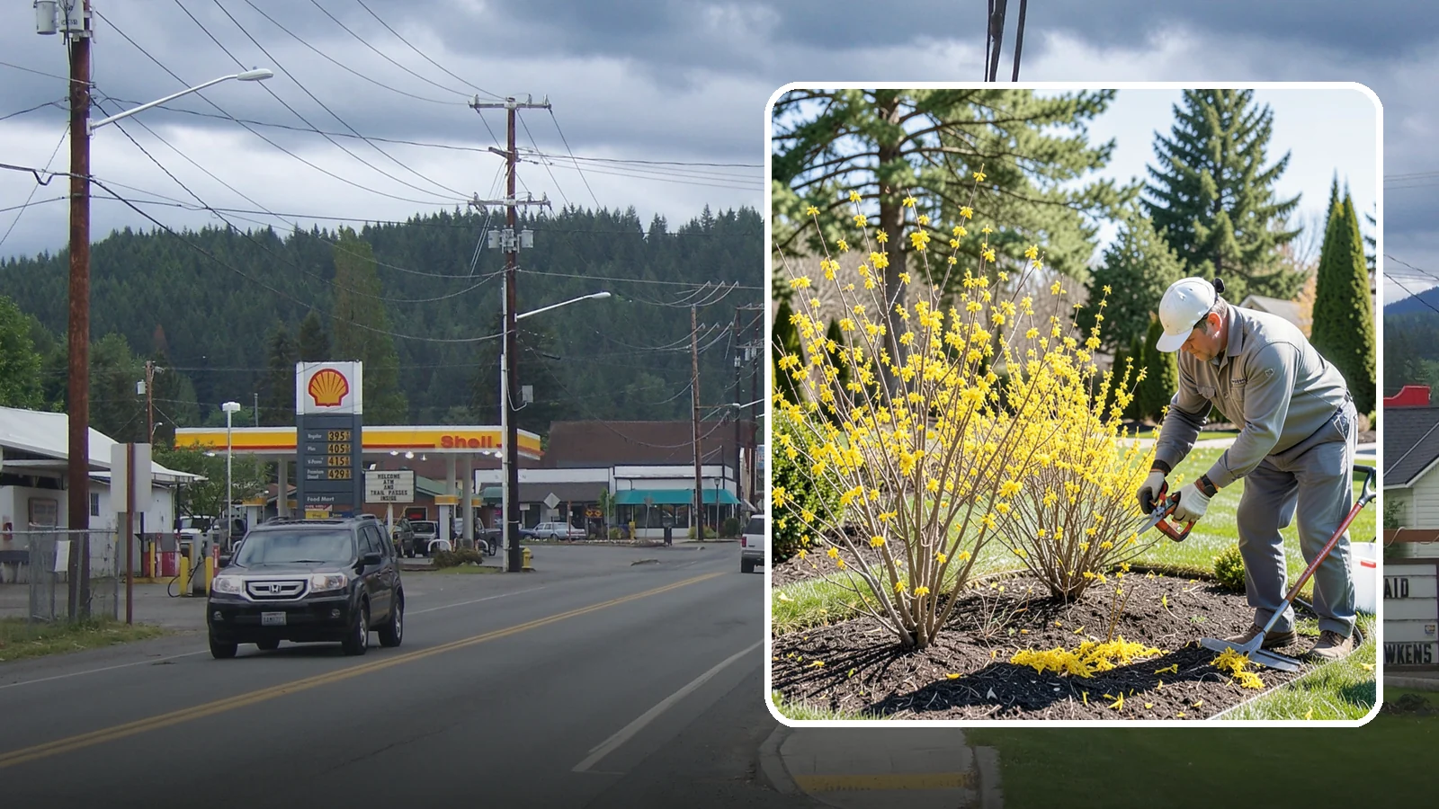 Forsythia Pruning in Granite Falls, Snohomish County, WA - Post-bloom renewal pruning of forsythia to remove old canes, control size, and protect next spring's golden flowers.