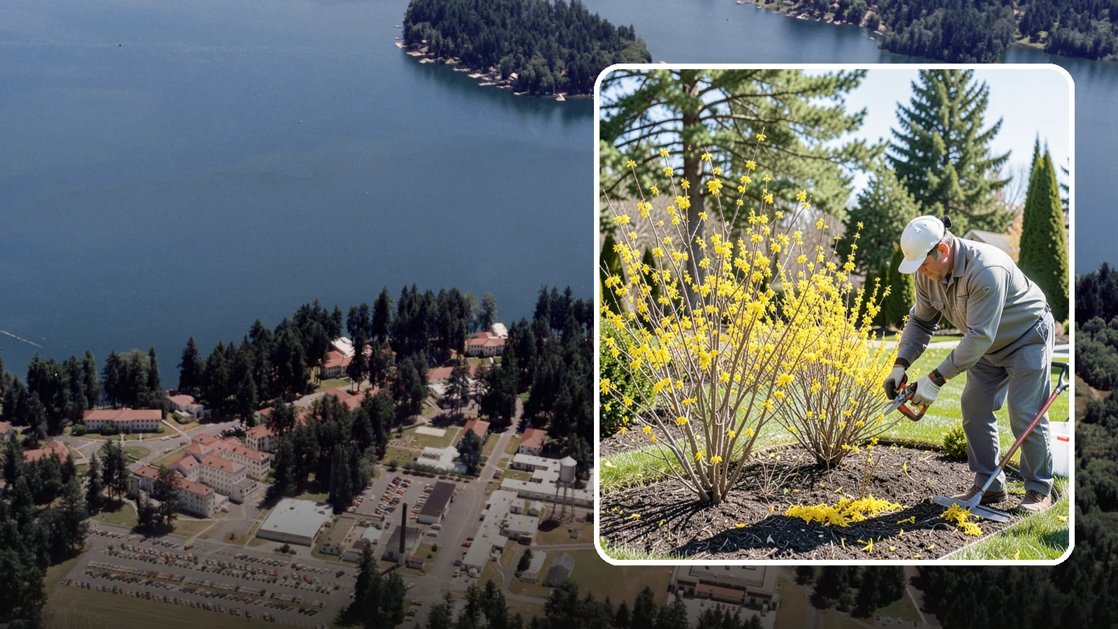 Forsythia Pruning in Lakewood, Pierce County, WA - Post-bloom renewal pruning of forsythia to remove old canes, control size, and protect next spring's golden flowers.
