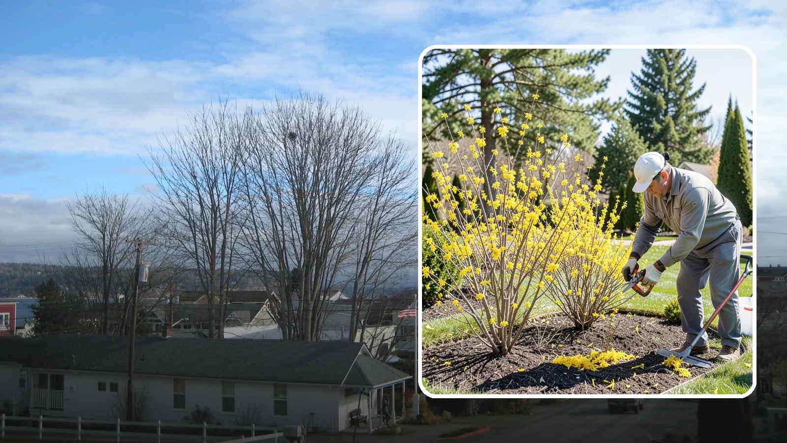Forsythia Pruning in Langley, Island County, WA - Post-bloom renewal pruning of forsythia to remove old canes, control size, and protect next spring's golden flowers.