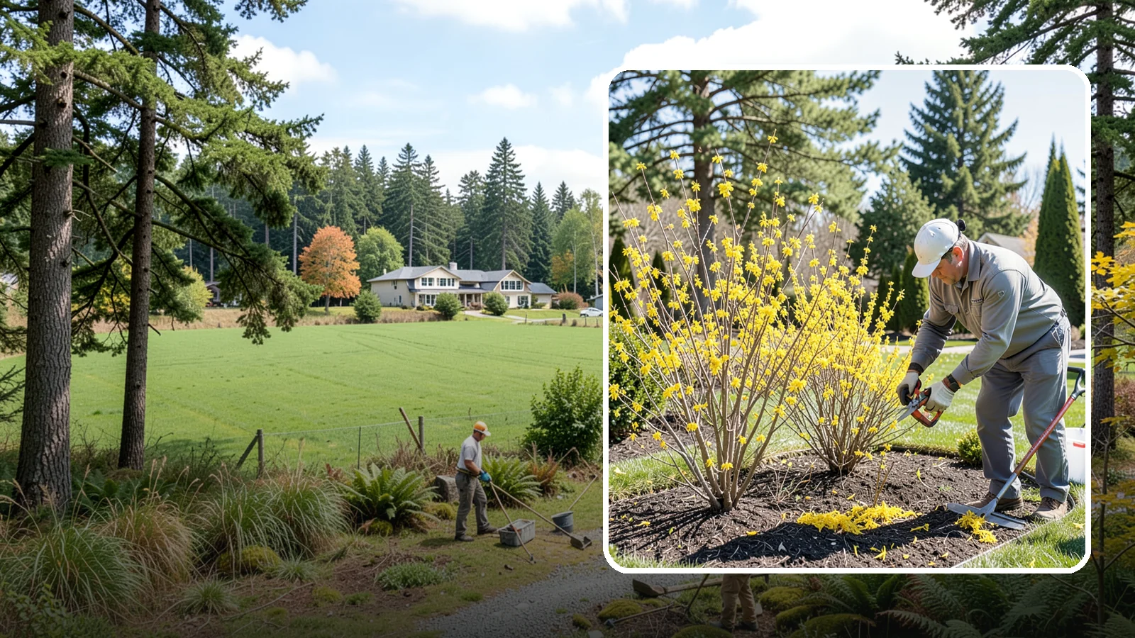 Forsythia Pruning in Lyman, Skagit County, WA - Post-bloom renewal pruning of forsythia to remove old canes, control size, and protect next spring's golden flowers.