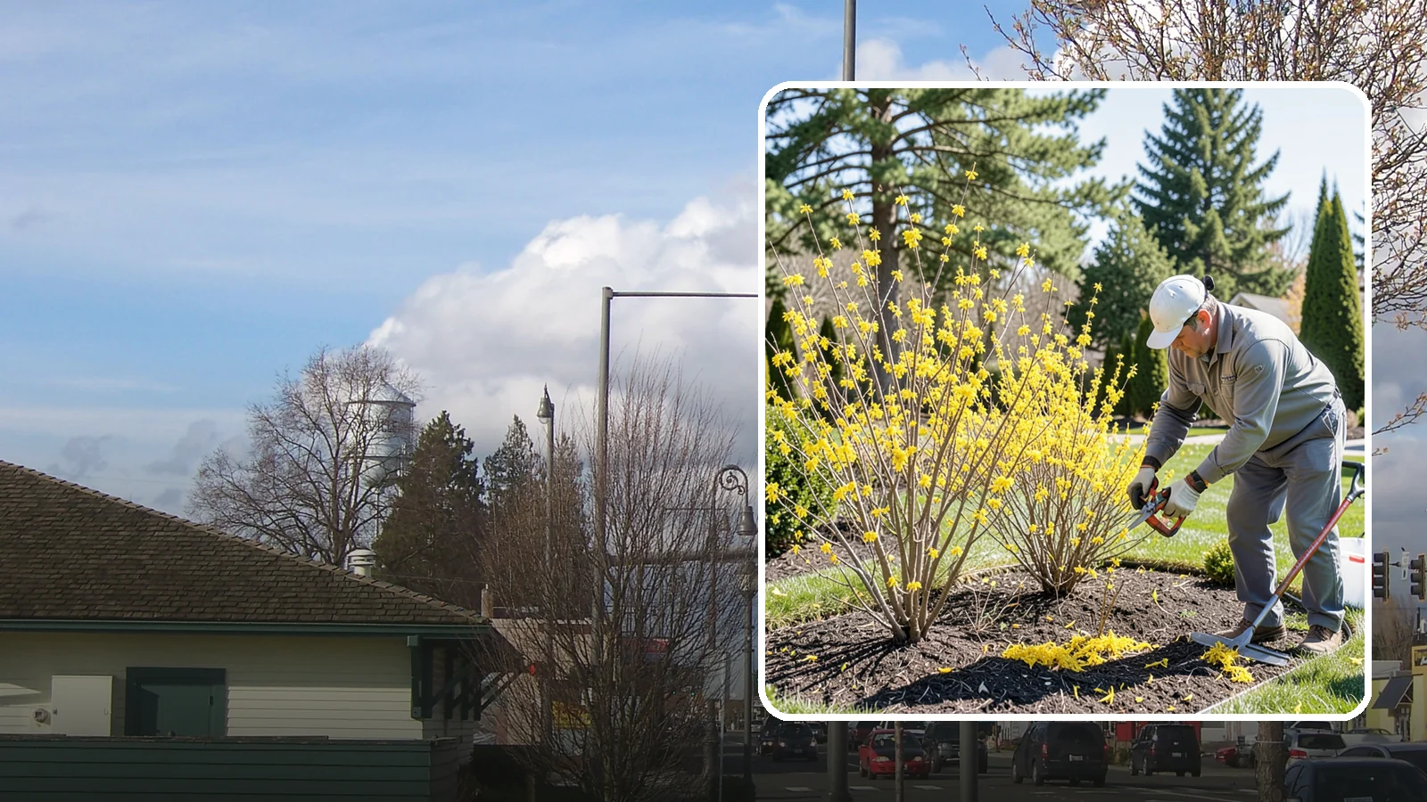 Forsythia Pruning in Marysville, Snohomish County, WA - Post-bloom renewal pruning of forsythia to remove old canes, control size, and protect next spring's golden flowers.
