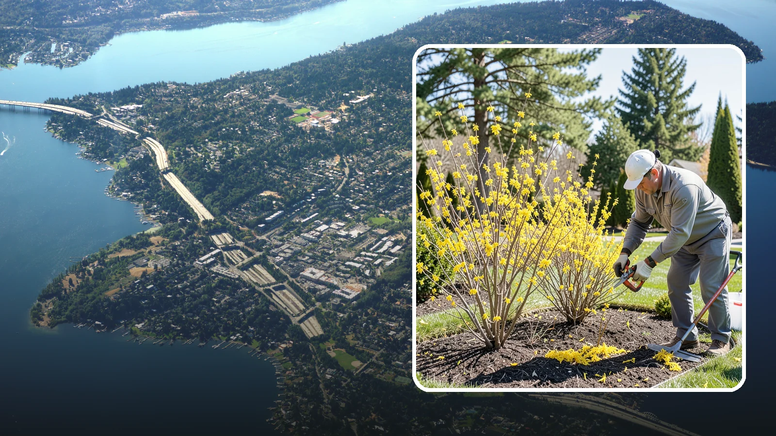 Forsythia Pruning in Mercer Island, King County, WA - Post-bloom renewal pruning of forsythia to remove old canes, control size, and protect next spring's golden flowers.