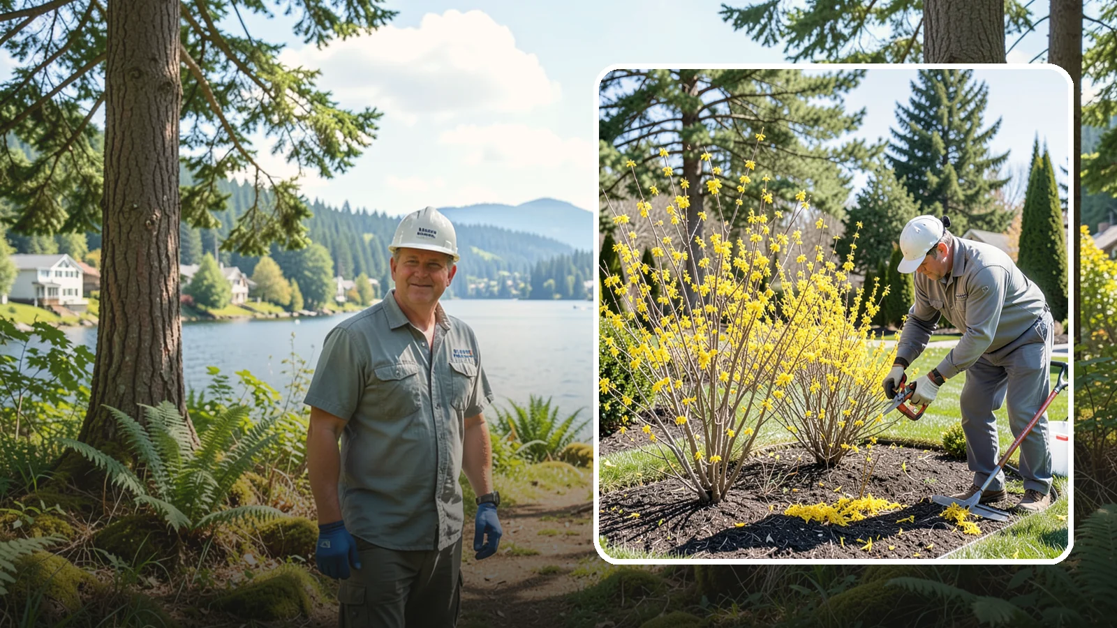 Forsythia Pruning in Milton, King County, WA - Post-bloom renewal pruning of forsythia to remove old canes, control size, and protect next spring's golden flowers.