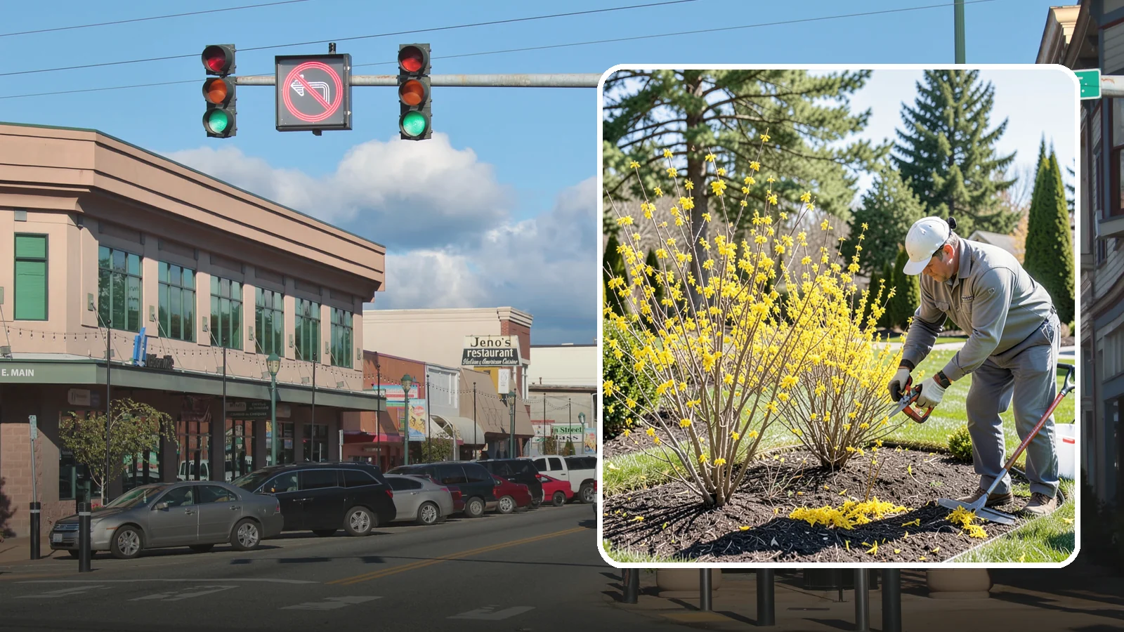 Forsythia Pruning in Monroe, Snohomish County, WA - Post-bloom renewal pruning of forsythia to remove old canes, control size, and protect next spring's golden flowers.