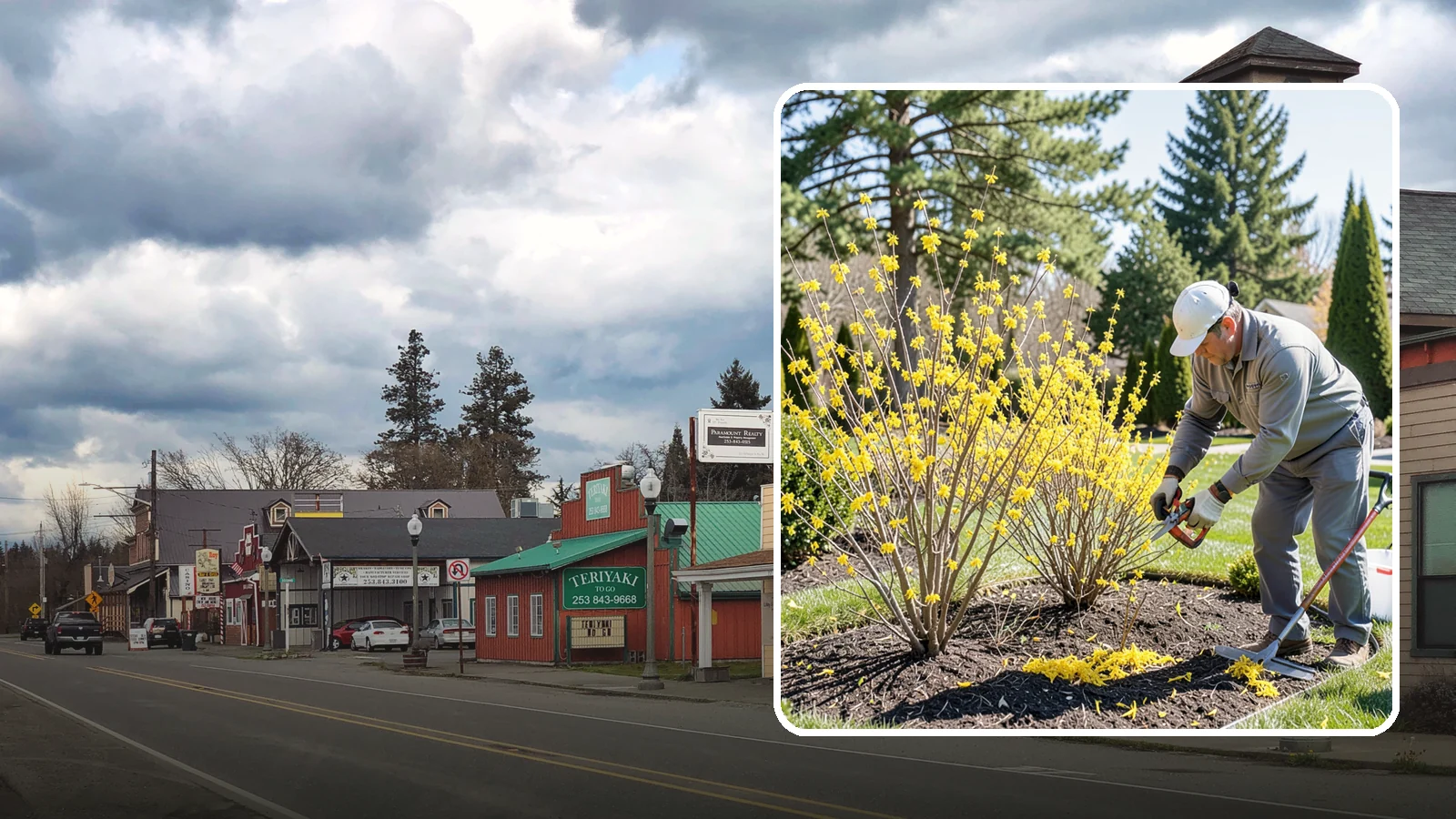 Forsythia Pruning in Roy, Pierce County, WA - Post-bloom renewal pruning of forsythia to remove old canes, control size, and protect next spring's golden flowers.