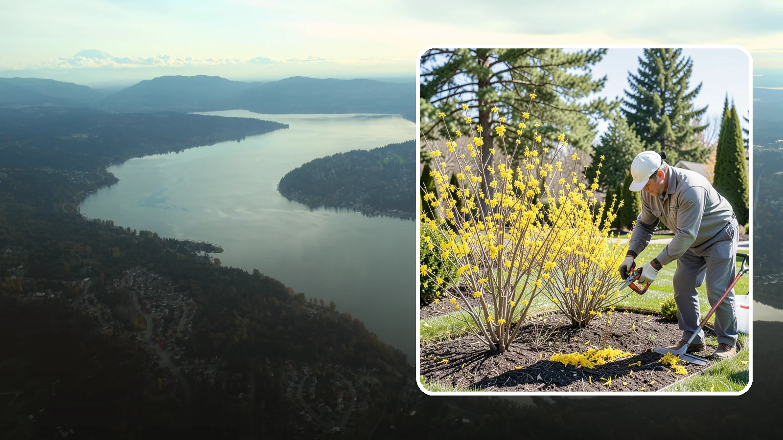Forsythia Pruning in Sammamish, King County, WA - Post-bloom renewal pruning of forsythia to remove old canes, control size, and protect next spring's golden flowers.