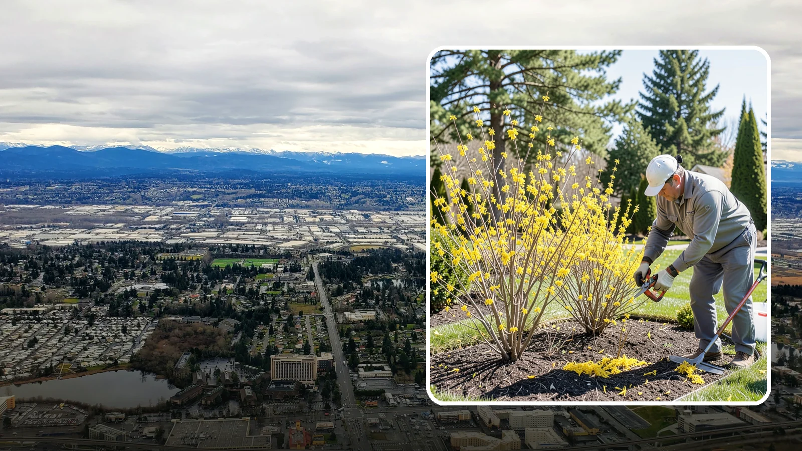 Forsythia Pruning in SeaTac, King County, WA - Post-bloom renewal pruning of forsythia to remove old canes, control size, and protect next spring's golden flowers.