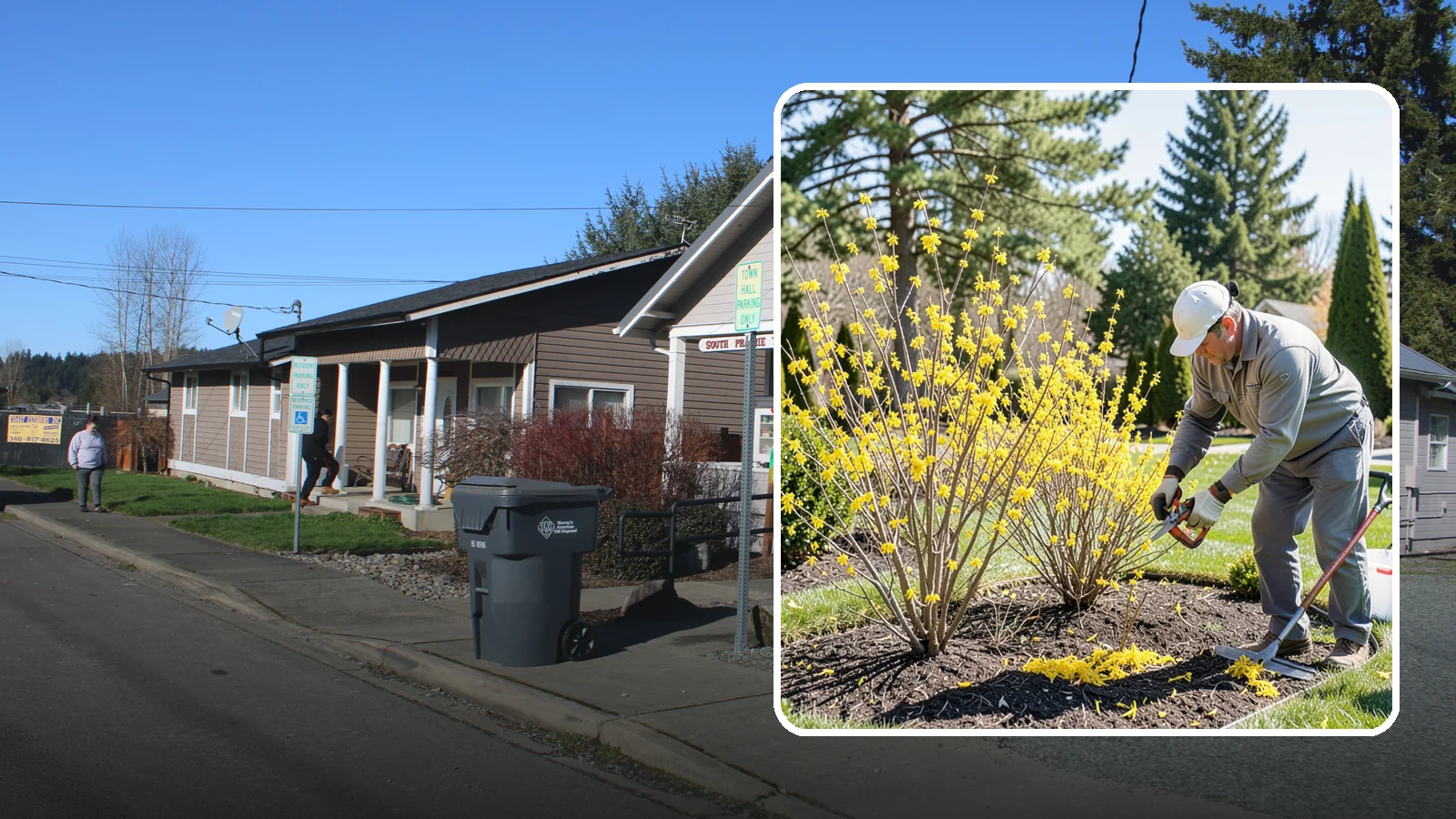 Forsythia Pruning in South Prairie, Pierce County, WA - Post-bloom renewal pruning of forsythia to remove old canes, control size, and protect next spring's golden flowers.