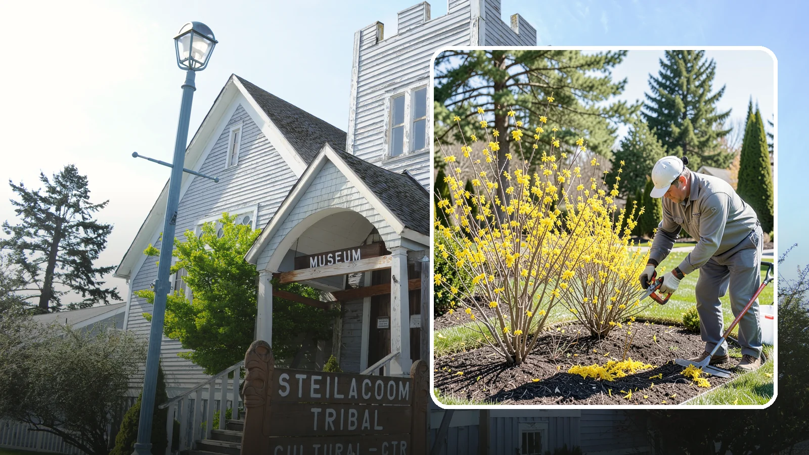 Forsythia Pruning in Steilacoom, Pierce County, WA - Post-bloom renewal pruning of forsythia to remove old canes, control size, and protect next spring's golden flowers.