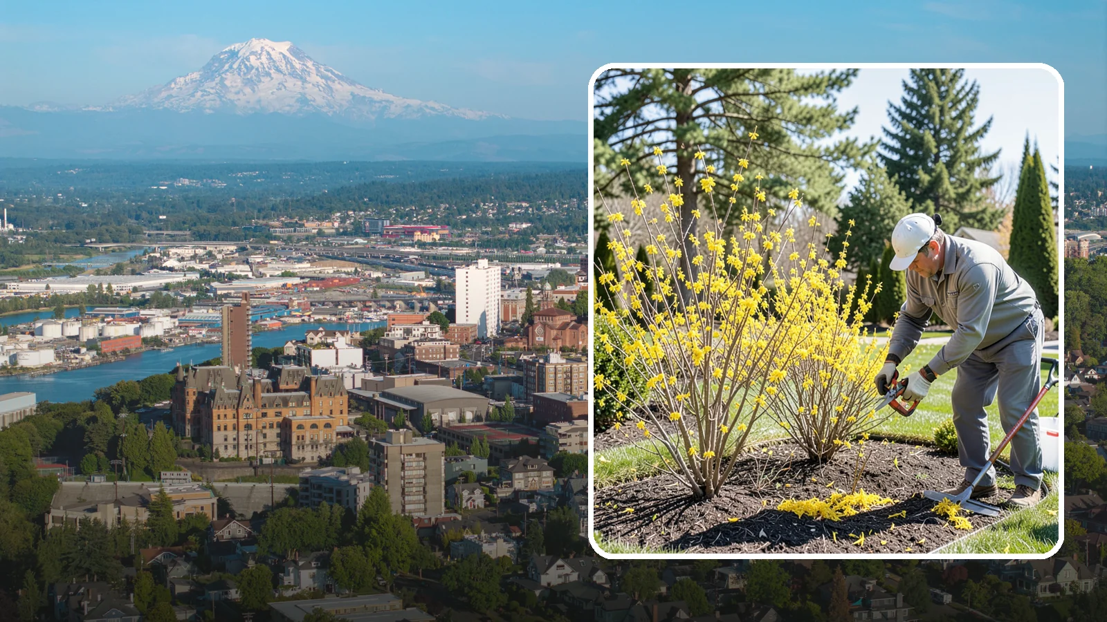 Forsythia Pruning in Tacoma, Pierce County, WA - Post-bloom renewal pruning of forsythia to remove old canes, control size, and protect next spring's golden flowers.