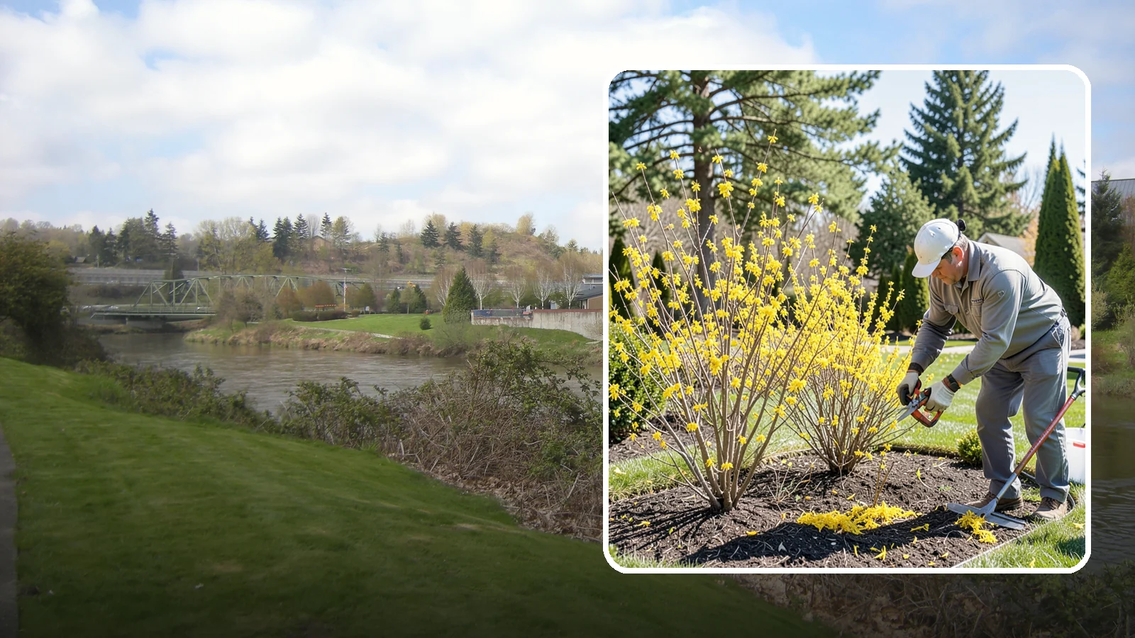 Forsythia Pruning in Tukwila, King County, WA - Post-bloom renewal pruning of forsythia to remove old canes, control size, and protect next spring's golden flowers.