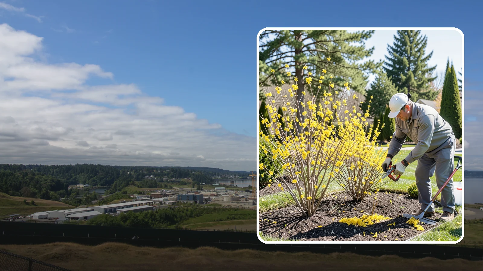 Forsythia Pruning in University Place, Pierce County, WA - Post-bloom renewal pruning of forsythia to remove old canes, control size, and protect next spring's golden flowers.