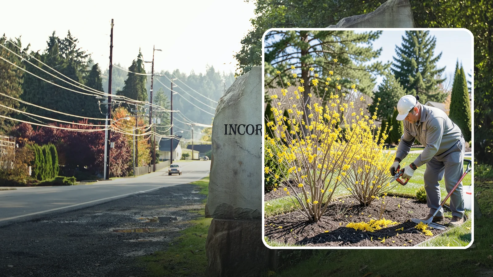 Forsythia Pruning in Wilkeson, Pierce County, WA - Post-bloom renewal pruning of forsythia to remove old canes, control size, and protect next spring's golden flowers.