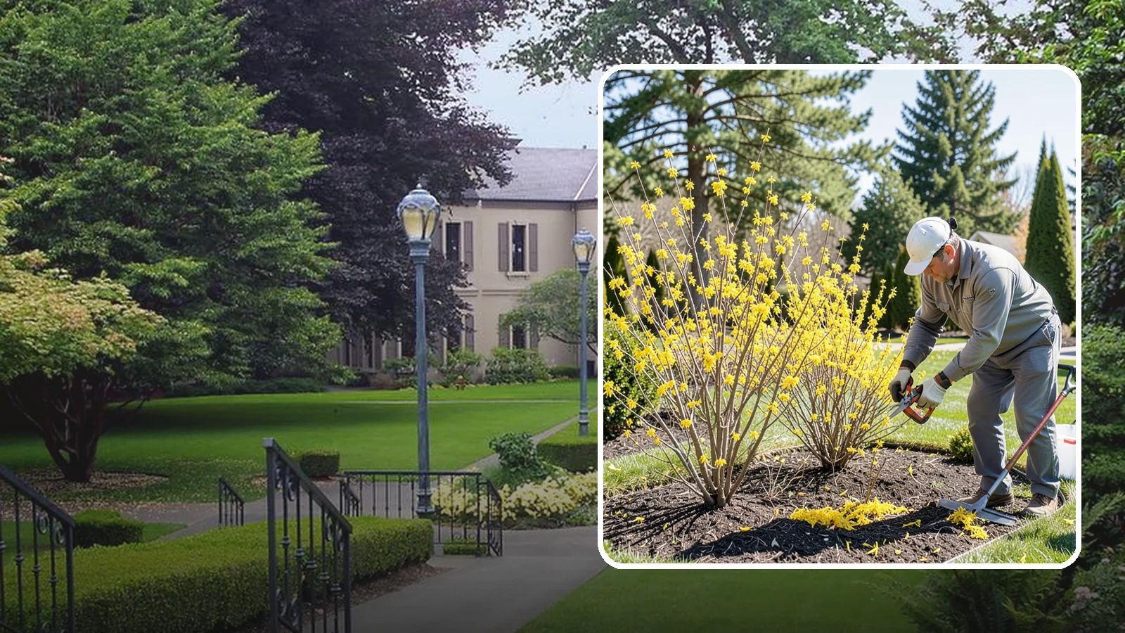 Forsythia Pruning in Woodinville, King County, WA - Post-bloom renewal pruning of forsythia to remove old canes, control size, and protect next spring's golden flowers.