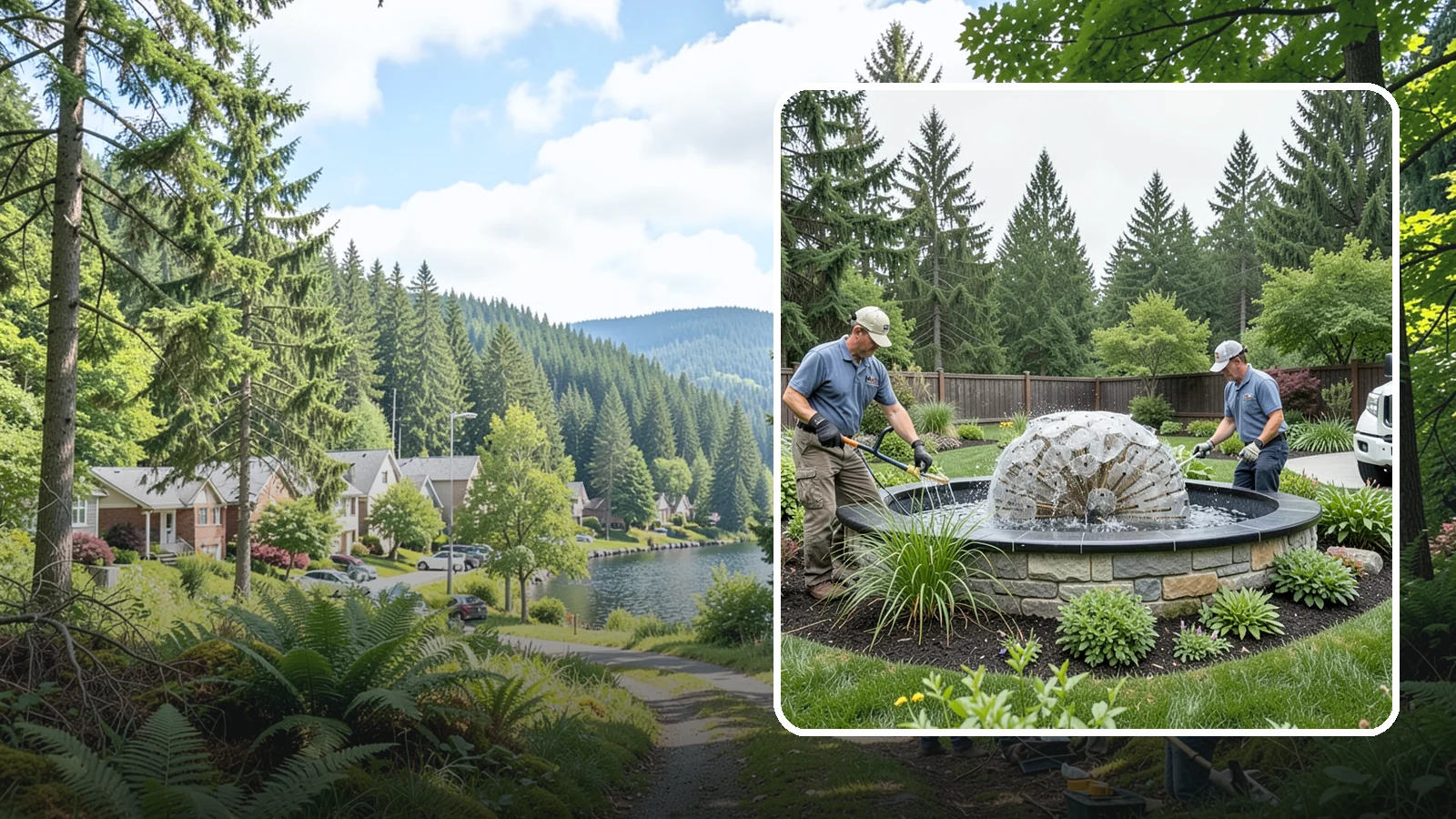 Fountain Installation in Lake Forest Park, King County, WA - Elegant fountains - from bubbling rocks to formal tiers - that add a compact, low-maintenance water accent.