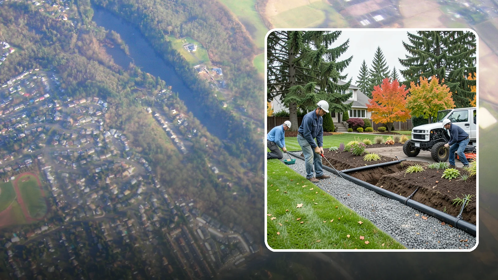 French Drain Installation in Algona, King County, WA - Gravel-and-pipe French drains that collect and carry subsurface water away from wet, soggy areas.