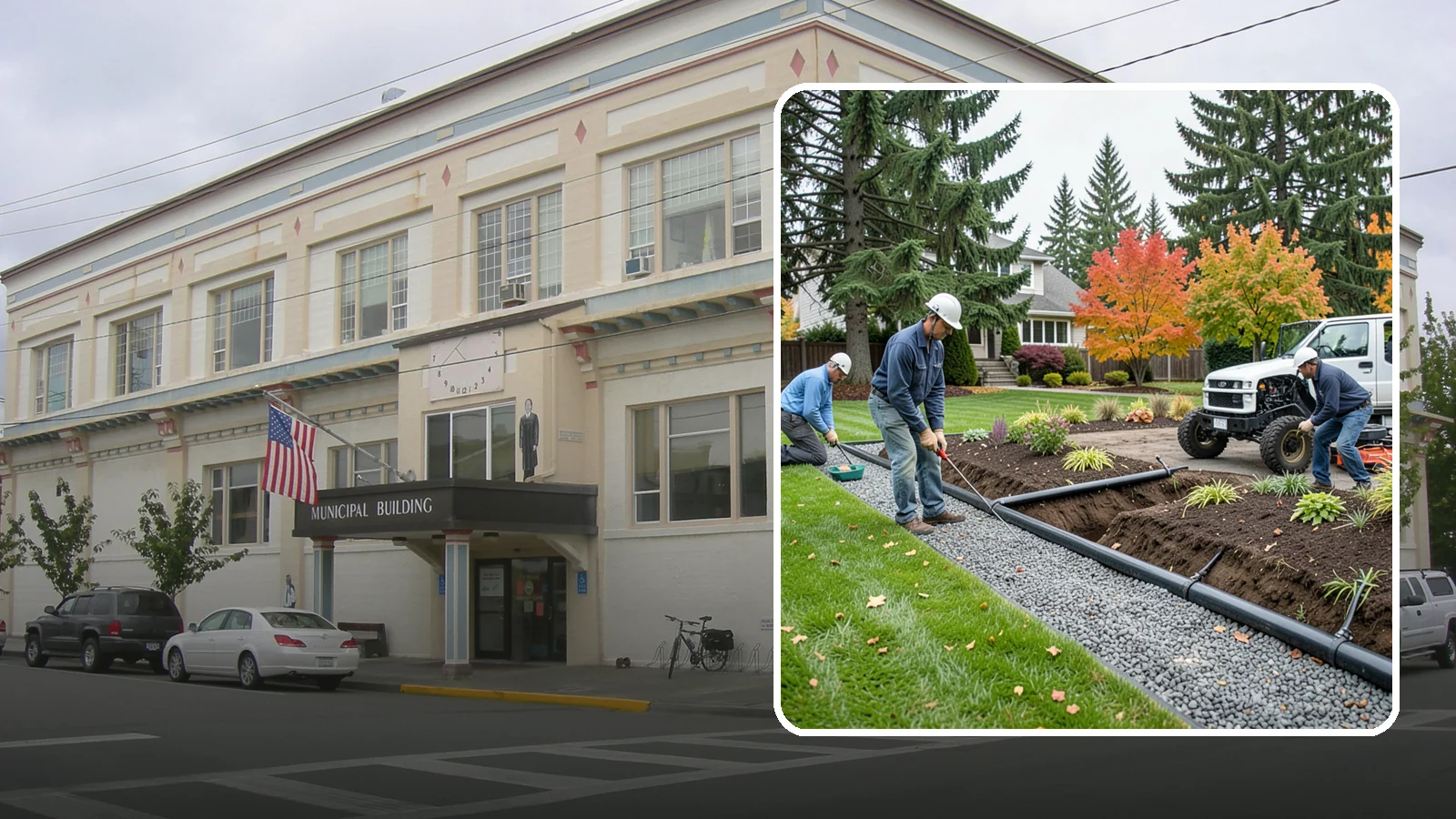 French Drain Installation in Anacortes, Skagit County, WA - Gravel-and-pipe French drains that collect and carry subsurface water away from wet, soggy areas.