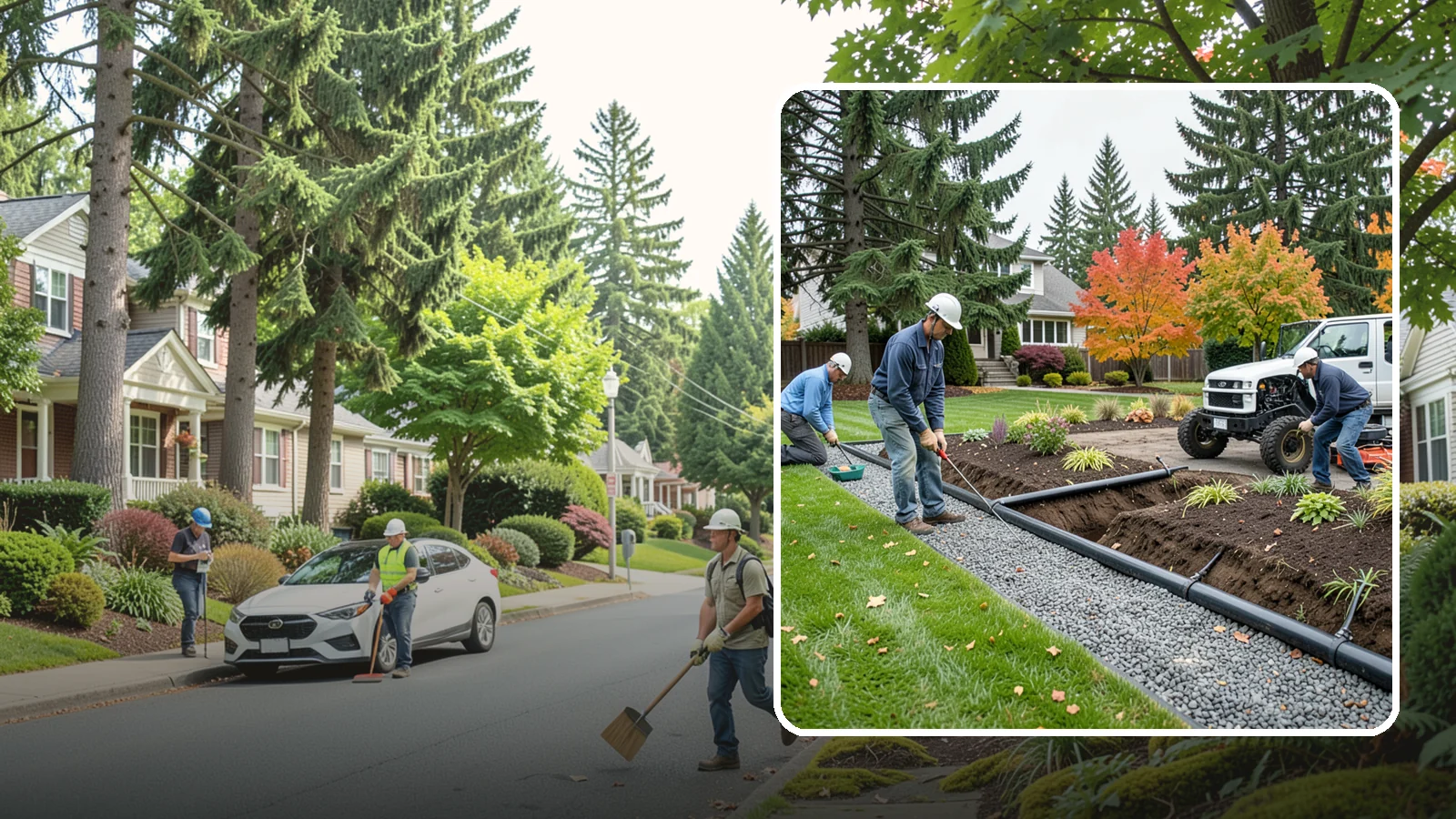 French Drain Installation in Beaux Arts Village, King County, WA - Gravel-and-pipe French drains that collect and carry subsurface water away from wet, soggy areas.