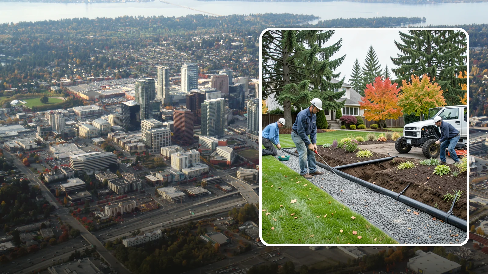 French Drain Installation in Bellevue, King County, WA - Gravel-and-pipe French drains that collect and carry subsurface water away from wet, soggy areas.