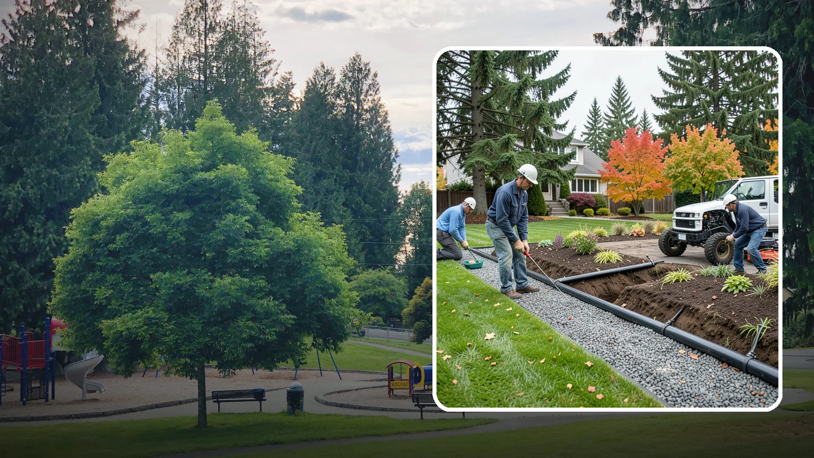 French Drain Installation in Bonney Lake, Pierce County, WA - Gravel-and-pipe French drains that collect and carry subsurface water away from wet, soggy areas.