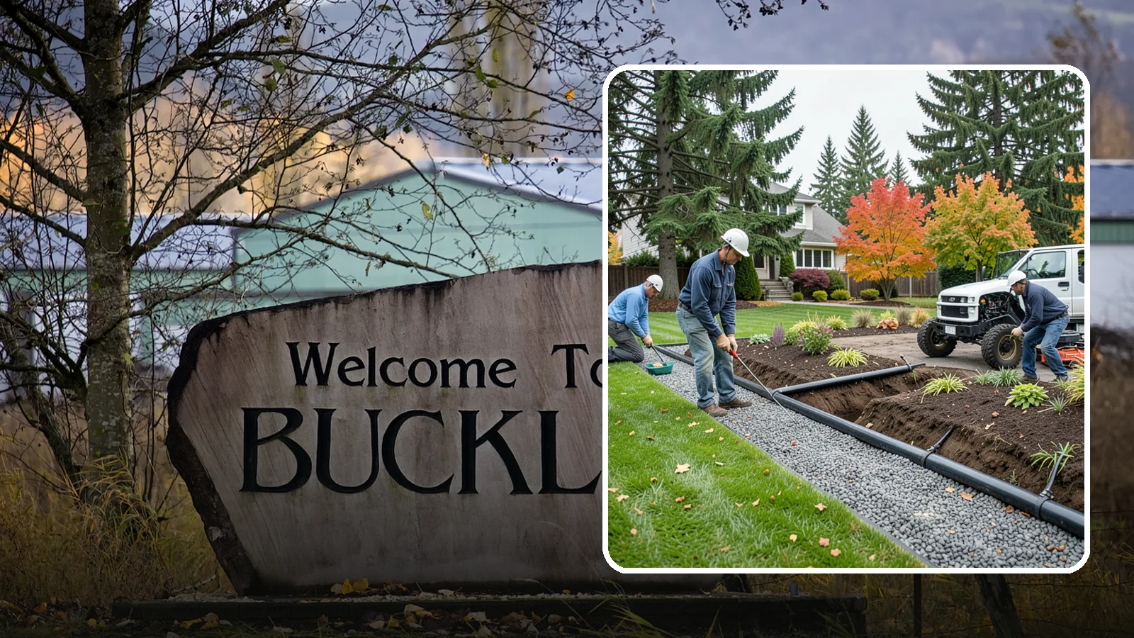 French Drain Installation in Buckley, Pierce County, WA - Gravel-and-pipe French drains that collect and carry subsurface water away from wet, soggy areas.