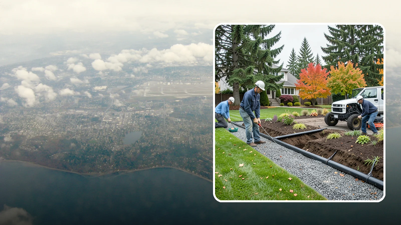French Drain Installation in Burien, King County, WA - Gravel-and-pipe French drains that collect and carry subsurface water away from wet, soggy areas.