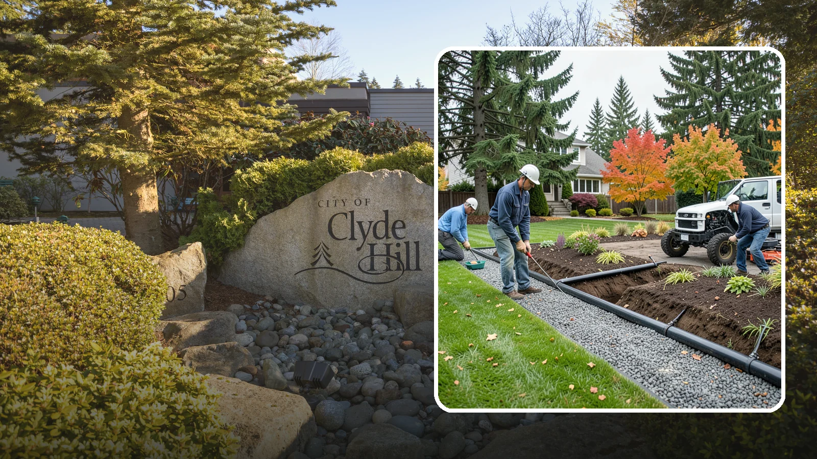 French Drain Installation in Clyde Hill, King County, WA - Gravel-and-pipe French drains that collect and carry subsurface water away from wet, soggy areas.